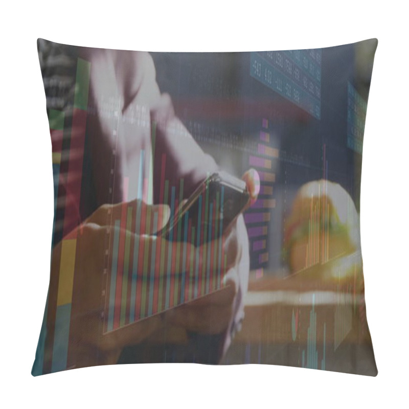 Personality  Image Of Financial Data Processing Over Caucasian Man Using Smartphone. Global Finance, Business, Connections, Computing And Data Processing Concept, Digitally Generated Image. Pillow Covers