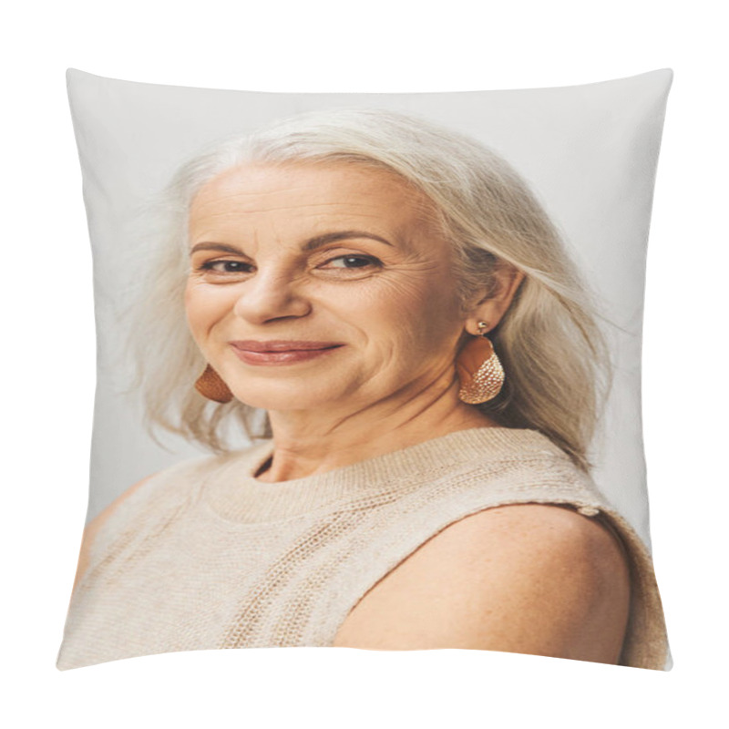 Personality  Portrait Of Happy Senior Woman In Makeup And Golden Earrings Looking At Camera On Grey Backdrop Pillow Covers