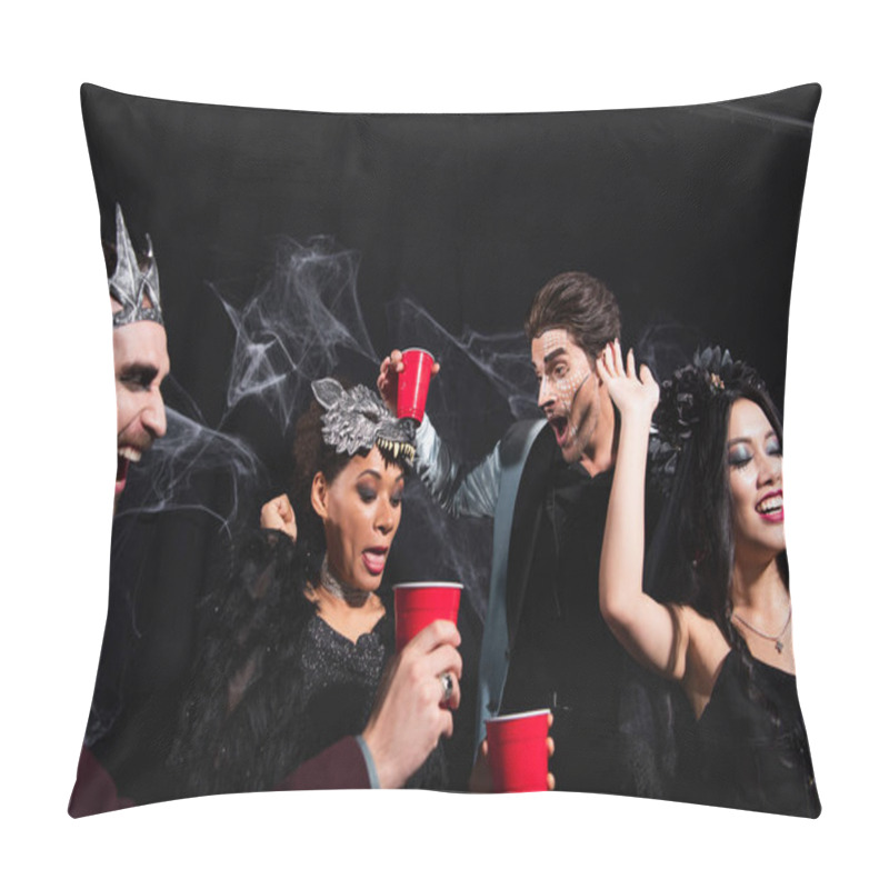 Personality  African American Woman In Wolf Mask Grimacing While Dancing With Multiethnic Friends On Black  Pillow Covers