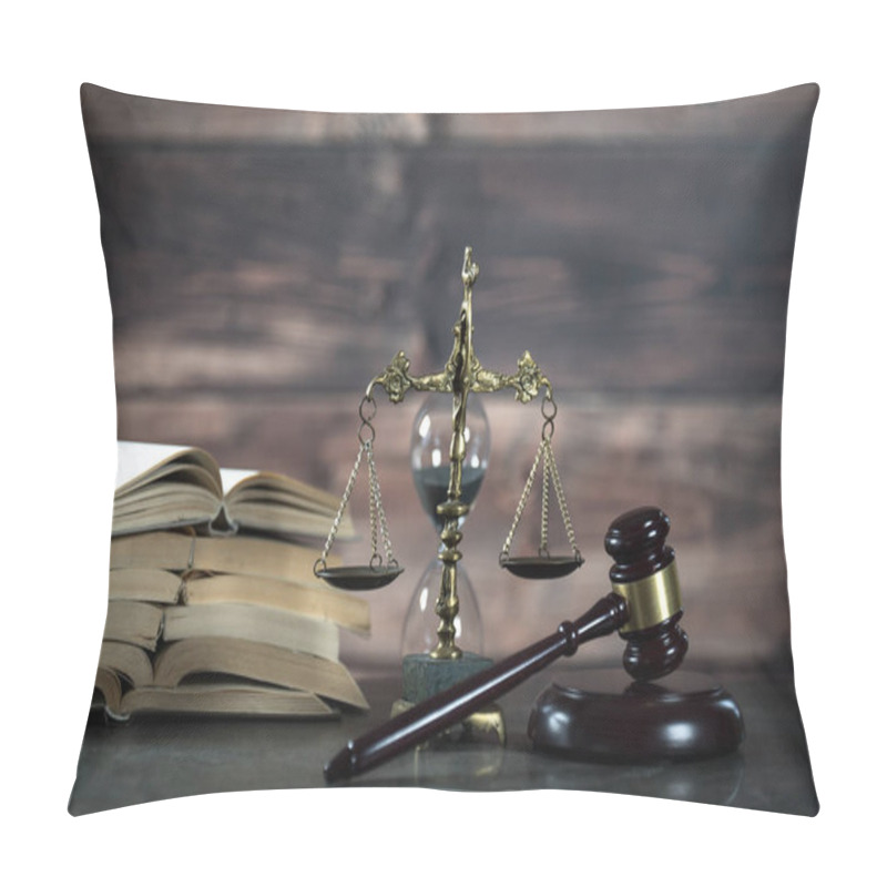 Personality   Lawyers Office Room With The Scales Of Justice, Books And Wooden Gavel Pillow Covers