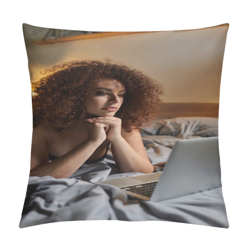 Personality  In A Warm And Inviting Bedroom, A Woman Studies Her Laptop While Relaxing On Her Bed. Pillow Covers