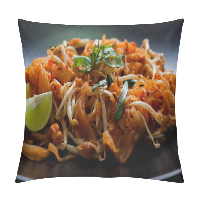 Personality  Thai Food Pad Thai (Thai National Dish) Pad Thai On Black Plate With Lime And Seasonings. Pillow Covers