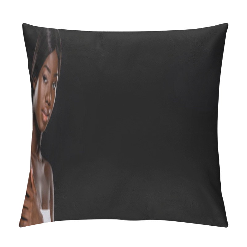 Personality  African American Woman Looking At Camera Isolated On Black, Panoramic Shot Pillow Covers