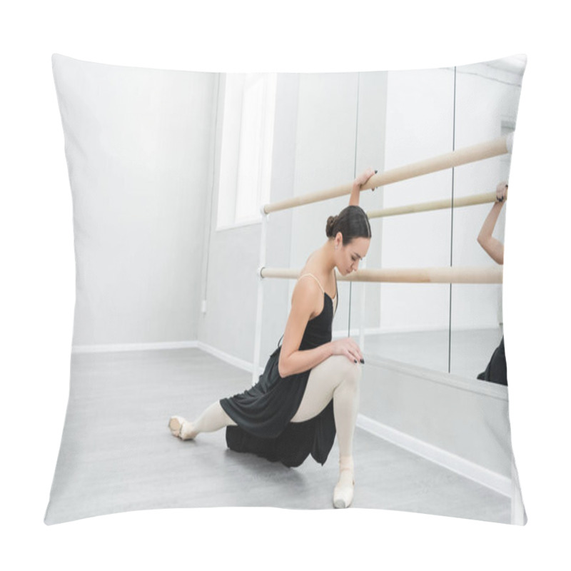 Personality  Full Length View Of Ballerina In Black Dress Stretching At Barre In Dance Studio Pillow Covers