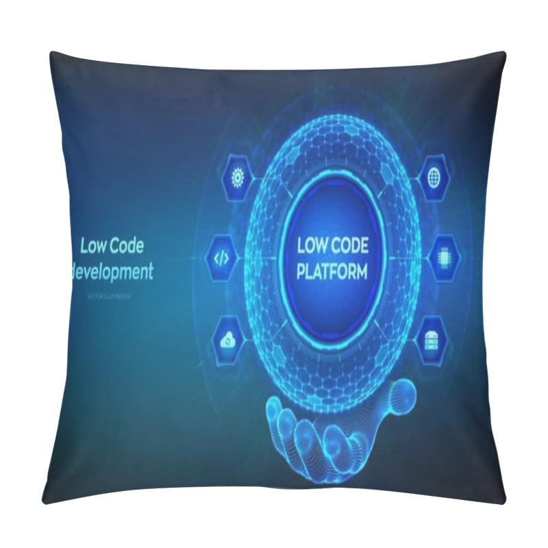 Personality  Low Code Platform. Low Code Development Technology Concept. LCDP Easy Coding. Hexagonal Grid Sphere In Wireframe Hand On Blue Background. Vector Illustration Pillow Covers