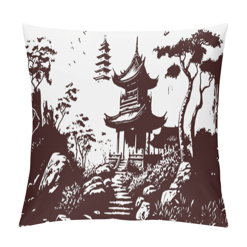 Personality  VIntage Retro Engraving Style Chinese Japan Korean Asian Temple Tower With Trees Nature Wild Landscape. Background Outdoor Adventure Vibe. Graphic Art Vector Illustration. Pillow Covers