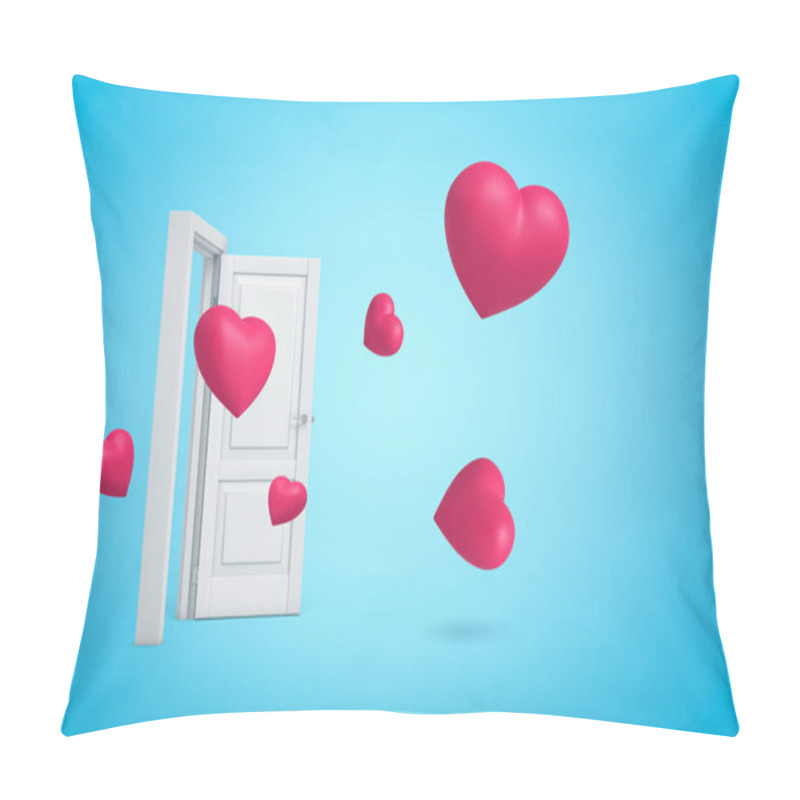 Personality  3d Rendering Of Several Pink Hearts Flying Out Of Open White Doorway On Light-blue Background. Pillow Covers