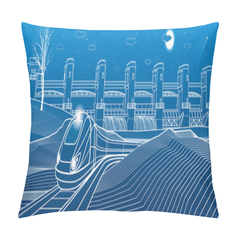 Personality  Urban Life. Train Goes Along The Lake Bank. Hydro Power Plant At Background. River Dam, Energy Station, Water Power. Vector Design Art Pillow Covers