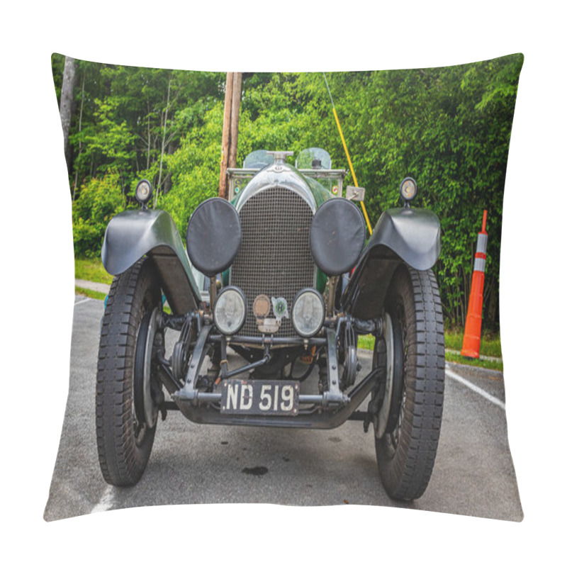 Personality  Highlands, NC - June 11, 2022: Low Perspective Front View Of A 1927 Bentley 3 Litre Speed Model Tourer At A Local Car Show. Pillow Covers