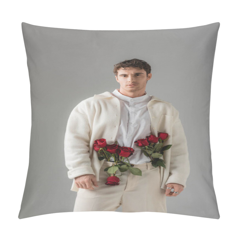 Personality  Front View Of Man In White Stylish Clothes Standing With Red Roses In Pants Isolated On Grey Pillow Covers