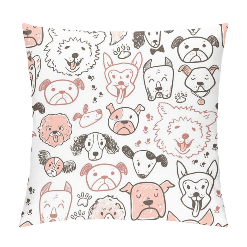 Personality  Funny Doodle Dog Icons Seamless Pattern. Hand Drawn Pet, Kid Drawn Design. Cute Modern Elegant Style, Different Breeds Pillow Covers