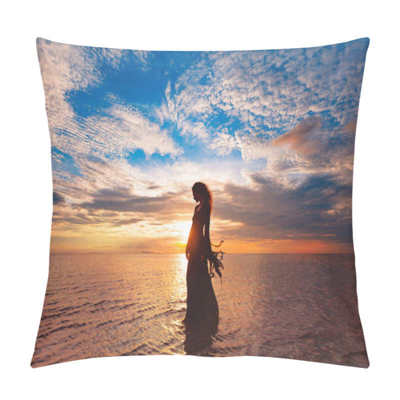 Personality  Elegant Woman Dancing On Water. Sunset And Silhouette Pillow Covers