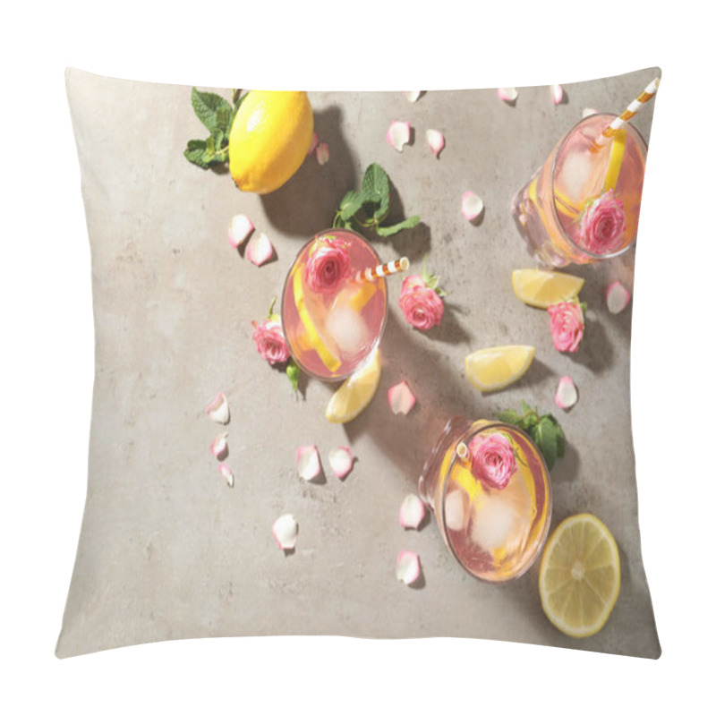 Personality  Delicious Refreshing Drink With Rose Flowers And Lemon Slices On Light Grey Table, Flat Lay Pillow Covers