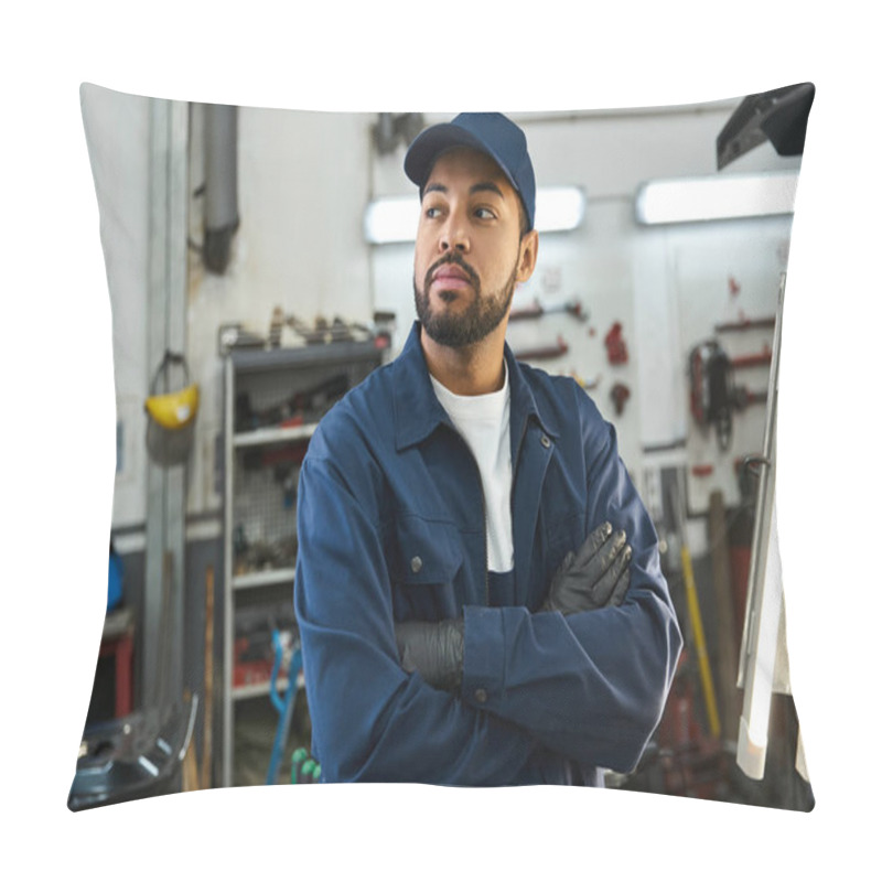 Personality  A Skilled Mechanic Stands With Crossed Arms, Showcasing Expertise In A Busy Workshop. Pillow Covers