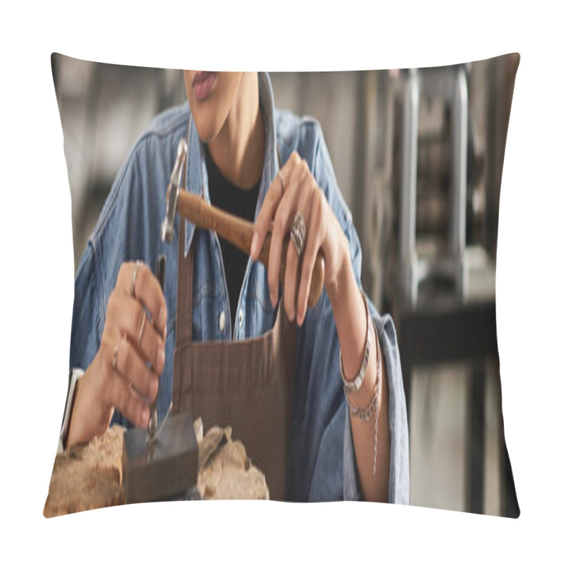 Personality  A Talented Woman Meticulously Designs Stunning Jewelry Within A Well Lit Workshop Space. Pillow Covers