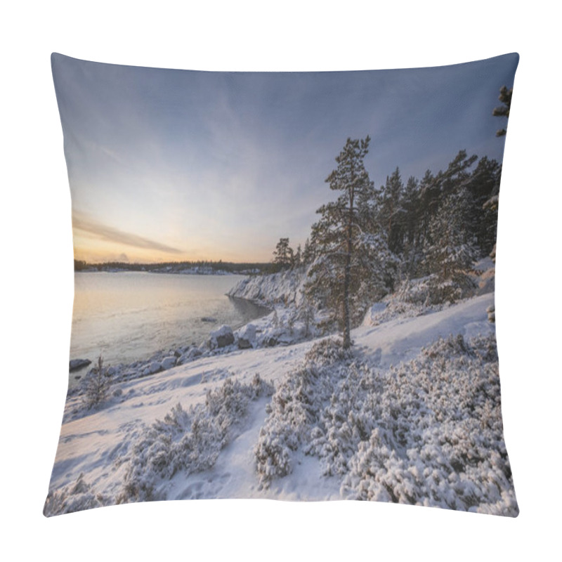 Personality  Christmas Tree In The Snow And Winter Sunrise On The Lake Ladoga Island Kajosaari Republic Of Karelia Pillow Covers