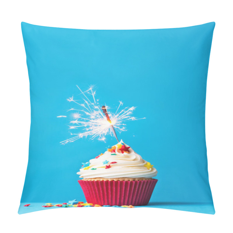 Personality  Cupcake With Sparkler On Blue Pillow Covers