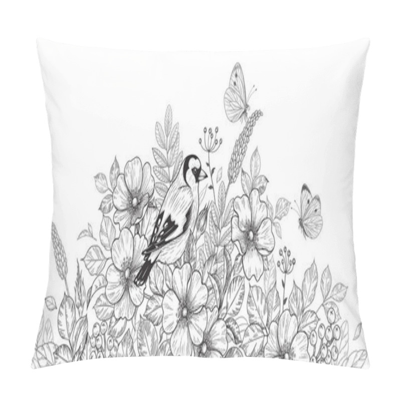 Personality  Hand Drawn Goldfinch Sitting Among Wildflowers And Flying Butterflies. Black And White Illustration With Bird, Flowers And Insects. Vector Monochrome Elegant Floral Arrangement In Vintage Style. Pillow Covers