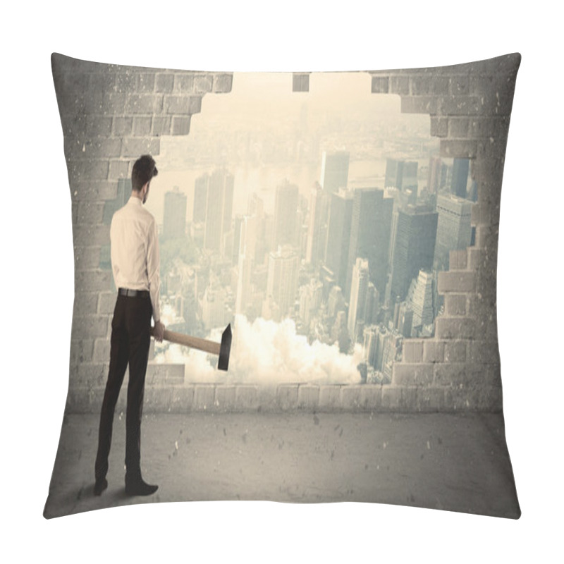 Personality  Business Man Hitting Wall With Hammer On City View Pillow Covers