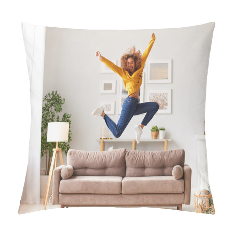 Personality  Enjoying Freedom. Full Length Of Overjoyed Young Afro American Woman In Casual Wear Jumping And Dancing In Living Room, Happy Mixed Race Female Teenager Spending Carefree Time Having Fun Alone At Home Pillow Covers