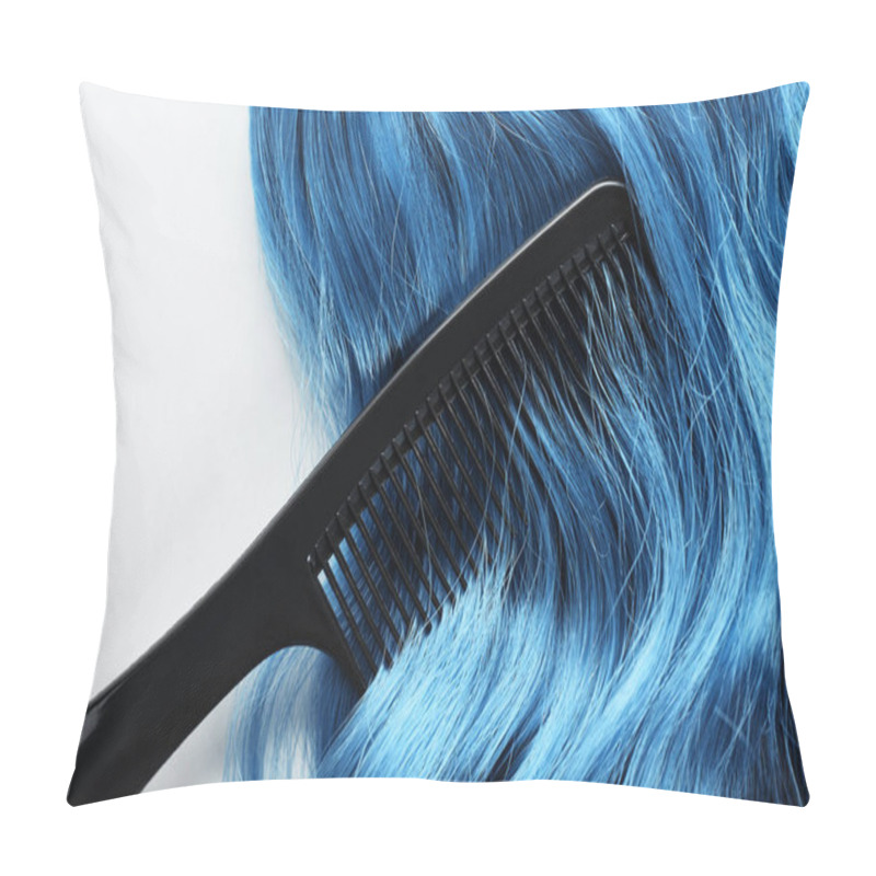 Personality  Top View Of Comb And Blue Hair Isolated On White Pillow Covers