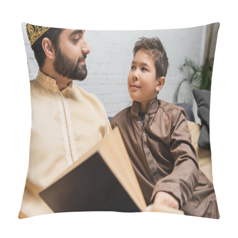 Personality  Muslim Boy Looking At Dad Near Blurred Book At Home  Pillow Covers