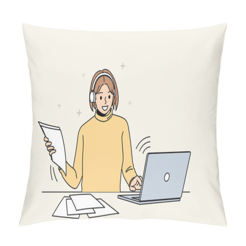 Personality  Smiling Girl In Earphones Study Online On Computer With School Paperwork Material. Happy Woman Take Web Course On Laptop, Have Webcam Video Class On Gadget. Distant Education. Vector Illustration.  Pillow Covers