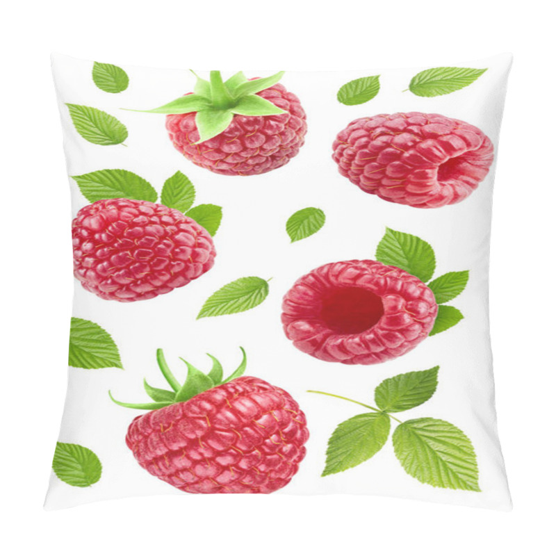 Personality  Flying Ripe Raspberries With Green Leaves Isolated On White Background. Raspberry Collection With Clipping Path. Raspberries Stack Full Depth Of Field Macro Shot. . Pillow Covers