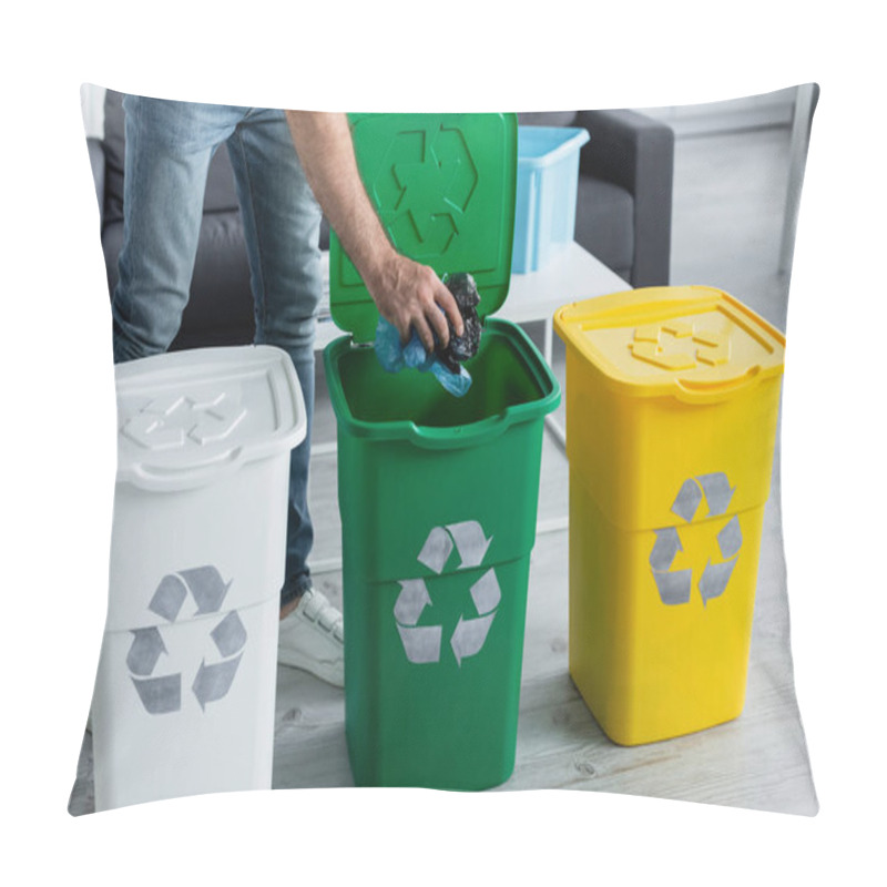 Personality  Cropped View Of Man Putting Plastic Bags In Trash Bin With Recycle Sign At Home  Pillow Covers