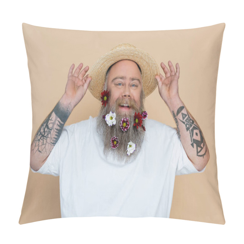 Personality  Tattooed Overweight Man With Decorated Beard Adjusting Straw Hat And Smiling At Camera Isolated On Beige Pillow Covers