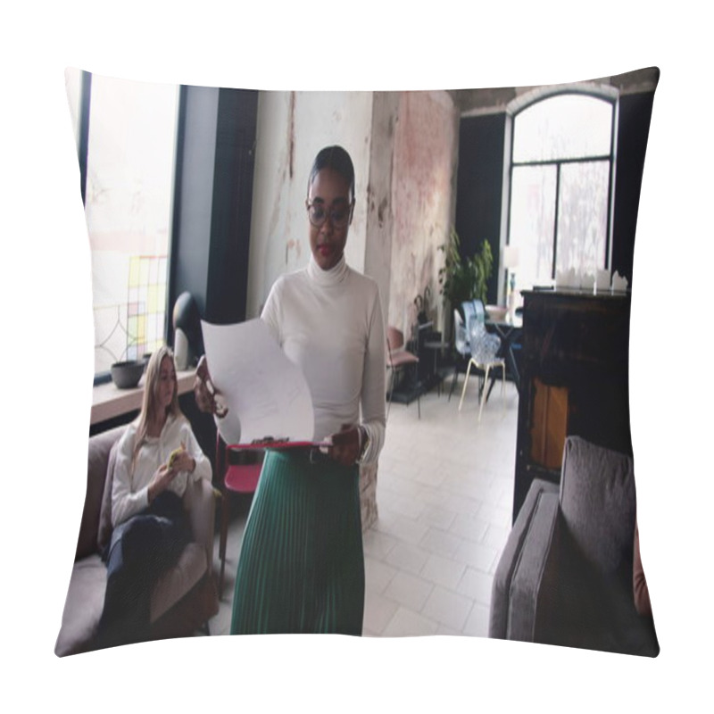 Personality  Camera Follows Successful Young Beautiful African Business Woman Walking Along Modern Loft Light Office Slow Motion. Pillow Covers