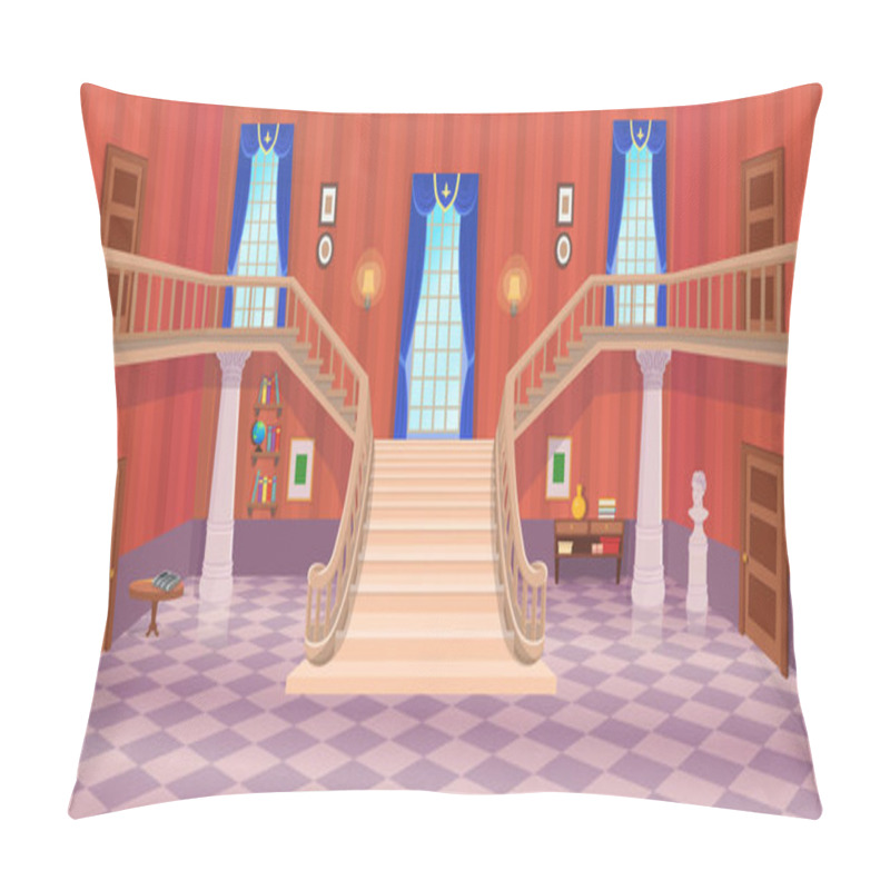 Personality  Vector Old Hall Room With Stairs, Doors And A Window. Cartoon Illustration. Pillow Covers