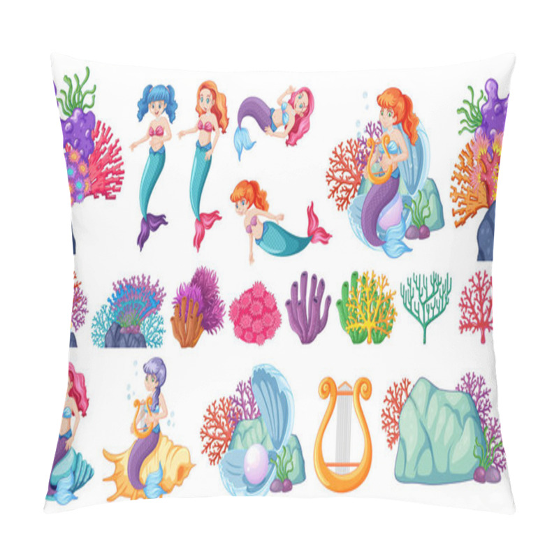 Personality  Set Of Cute Mermaids And Corals Cartoon Character Cartoon Style On White Background Illustration Pillow Covers