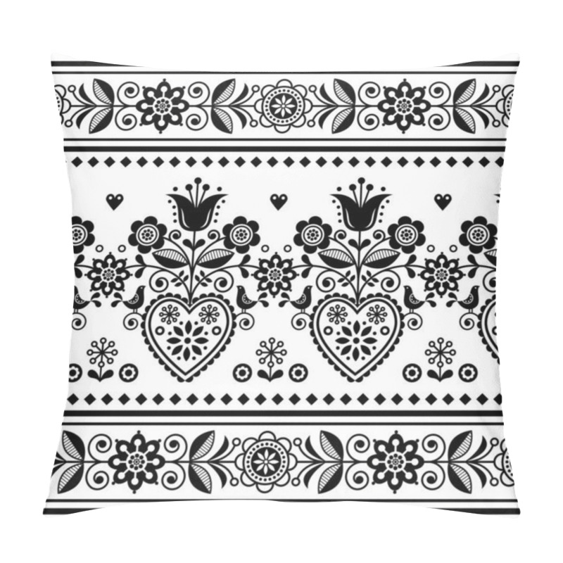 Personality  Scandinavian Folk Art Seamless Vector Pattern With Birds And Flowers, Nordic Repetitive Decoration With Flowers In Black And White Pillow Covers