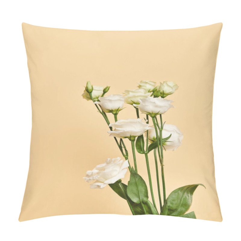 Personality  Object Photo Of Beautiful Blossoming White Eustoma Flowers On Pastel Yellow Background, Nobody Pillow Covers