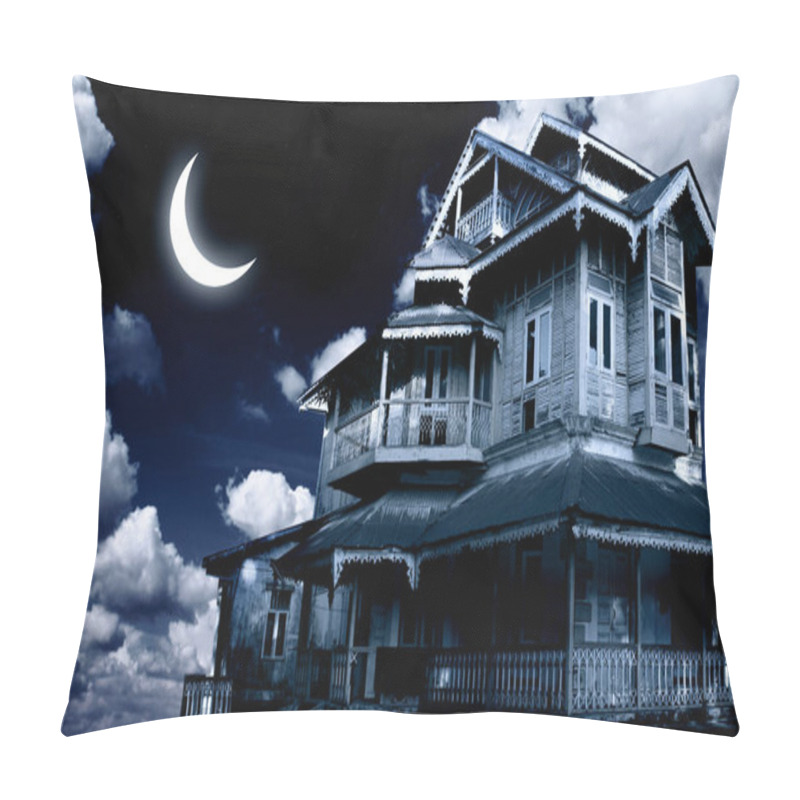 Personality  Haunted House. Old Abandoned House On Night Sky Background. Scary Colonial Cottage In Mysterious Landscape. Photo Toned In Blue Color Pillow Covers