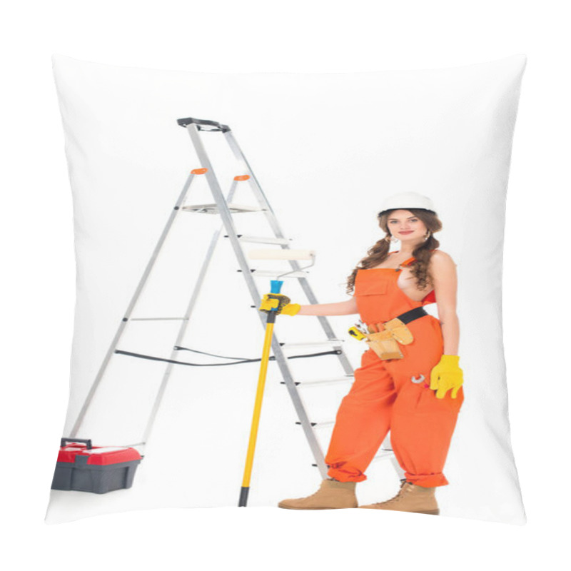 Personality  Attractive Workwoman Holding Painting Roller Near Ladder And Toolbox, Isolated On White Pillow Covers