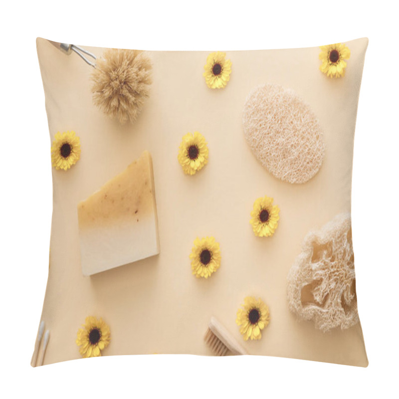 Personality  Top View Of Loofah, Cotton Swabs, Body Brush, Toothbrush And Piece Of Soap On Beige Background With Flowers Pillow Covers