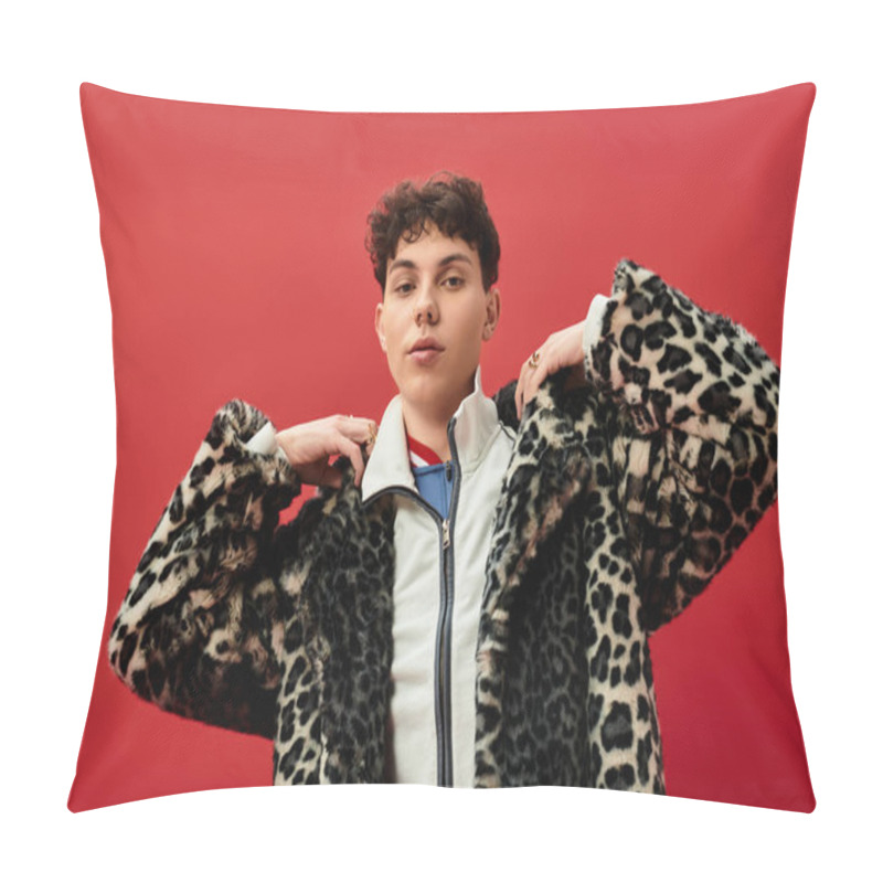 Personality  Confident Man Presents His Unique Style With A Striking Leopard Print Coat In A Lively Atmosphere. Pillow Covers