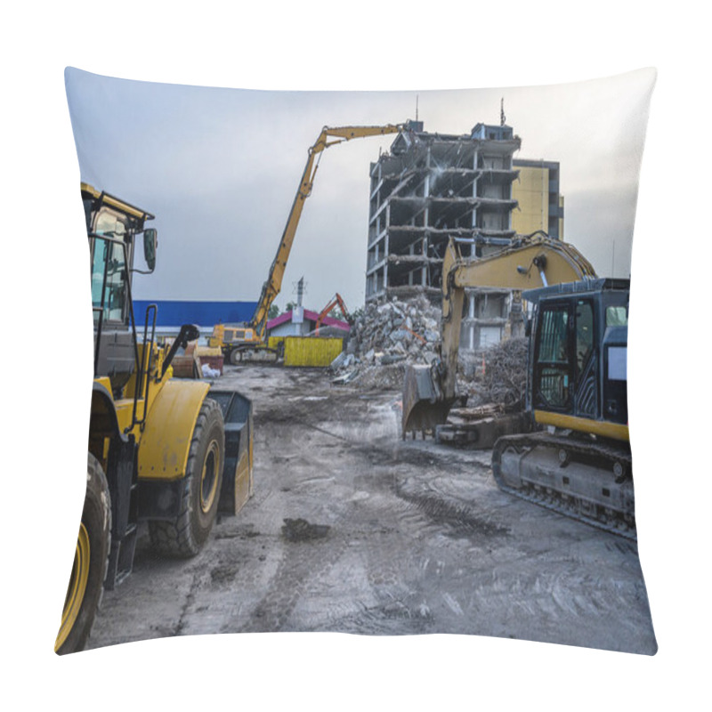 Personality  Dawn Time Building House Demolition Site Excavator With Hydraulic Crasher Machine And Yellow Container Pillow Covers