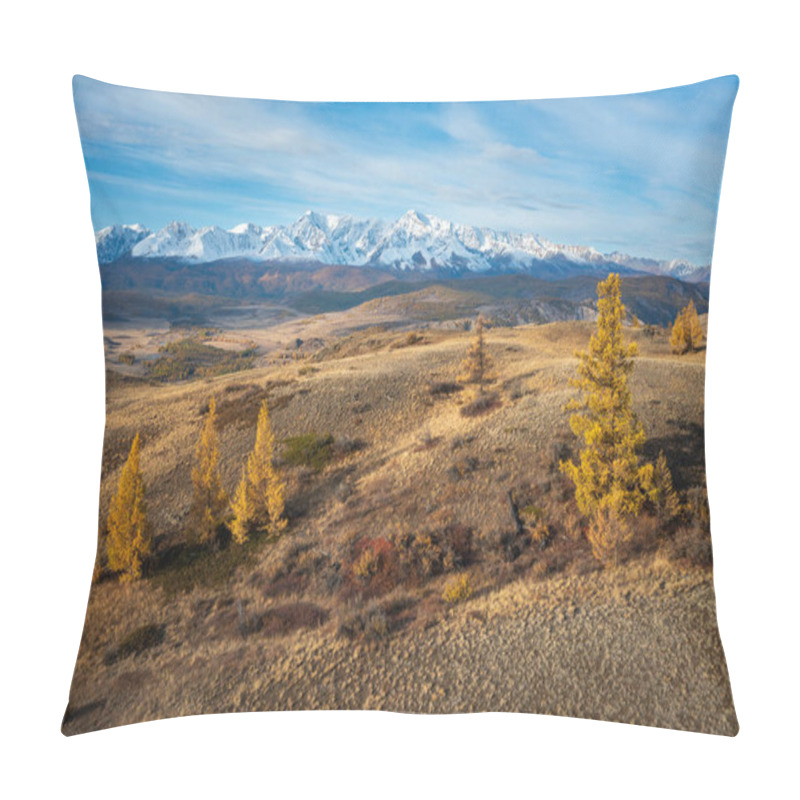 Personality  Beautiful Mountain Scenery In Altai During Autumn With Golden Trees, Open Fields, And Majestic Snowy Peaks Under A Clear Sky. Pillow Covers