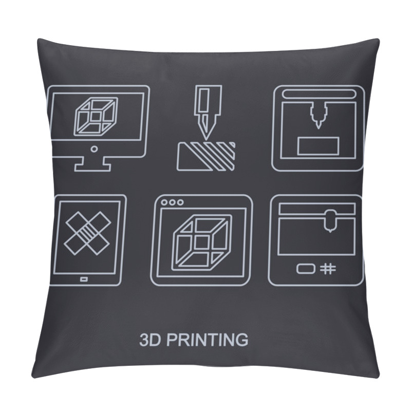 Personality  Thee D Printing Icon Set Showing Manufacturing Printers, Tablet And Computer Monitor With Modeling Program Pillow Covers