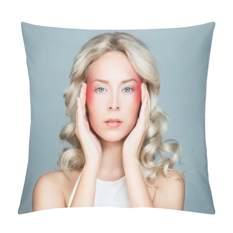 Personality  Woman With An Headache. Woman Puts Hands On The Head. Medicine C Pillow Covers