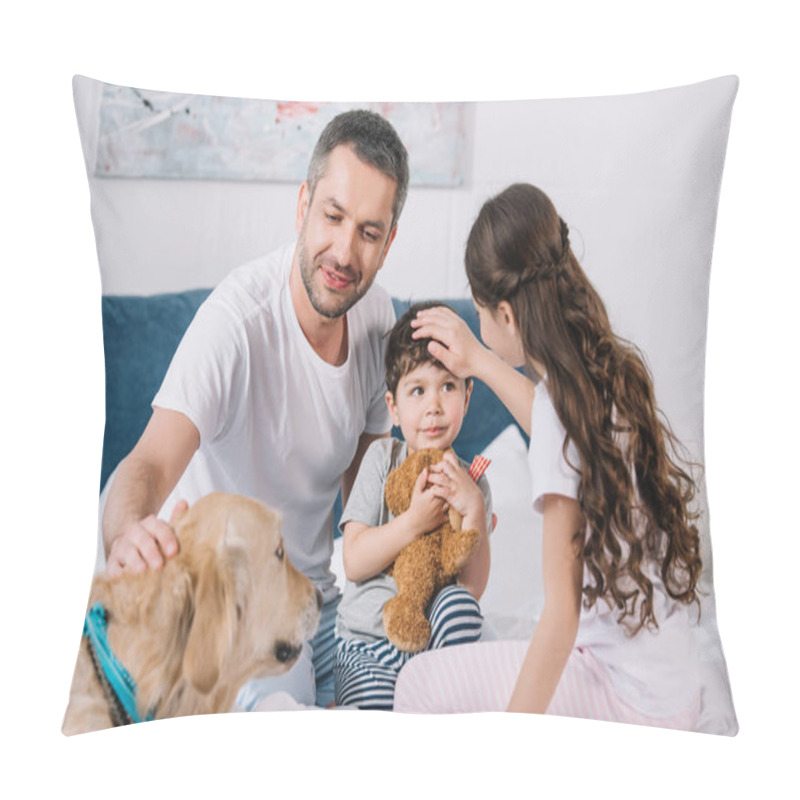 Personality  Selective Focus Of Man Touching Golden Retriever Near Children At Home  Pillow Covers