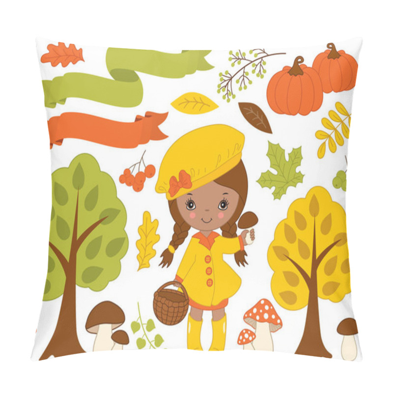 Personality  Vector Set With Cute Little African American Girl And Autumn Elements Pillow Covers