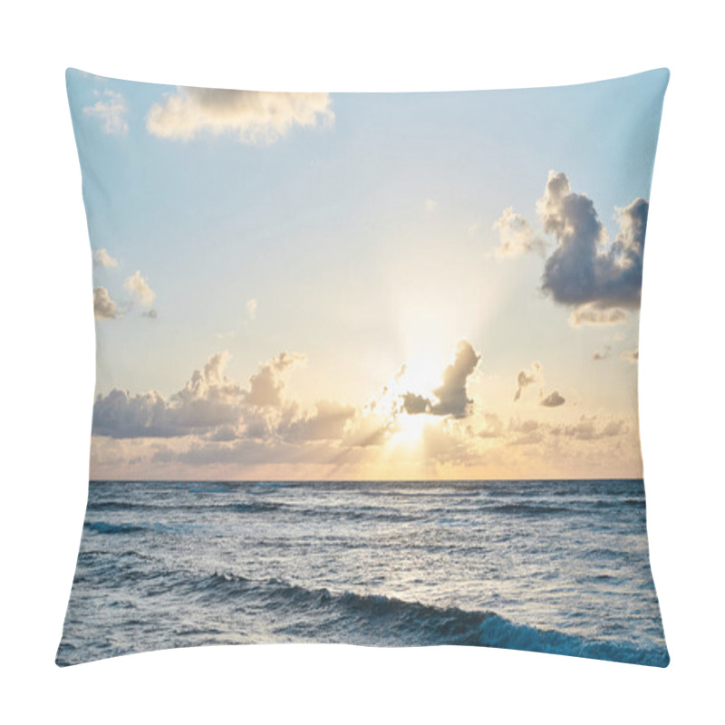 Personality  Sunset At The Sea. Turquoise Water In The Ocean In The Evening. Yellow Sky With Small Clouds And Blue Waves At Sandy Beach At The Seaside. Paradise Resort Landscape.Tropical Resort Travel Picture. Pillow Covers