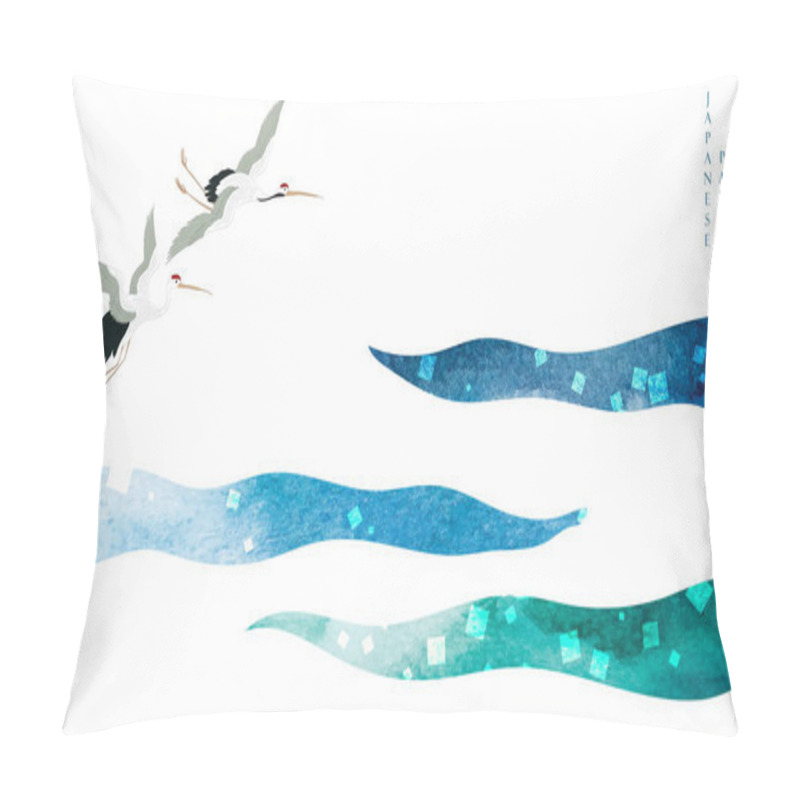 Personality  Crane Birds With Blue And Green Brush Stroke Texture With Japanese Ocean Wave Pattern In Vintage Style. Abstract Art Landscape Banner Design With Watercolor Texture Vector Pillow Covers