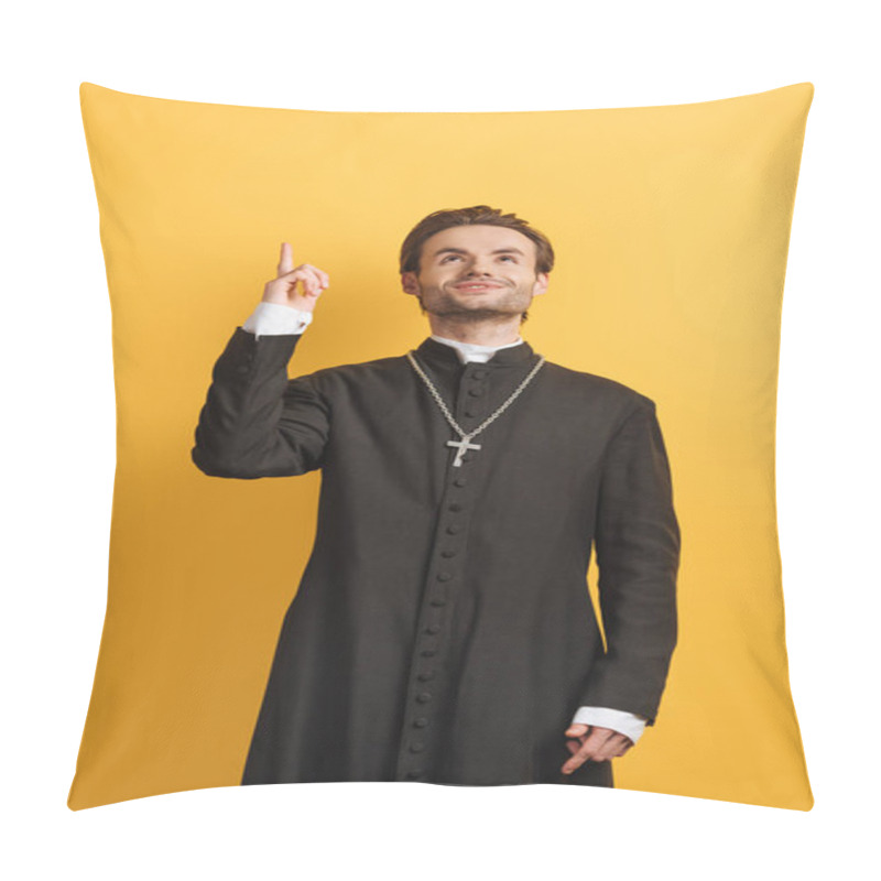 Personality  Smiling Catholic Priest Looking Up And Pointing With Finger Isolated On Yellow Pillow Covers