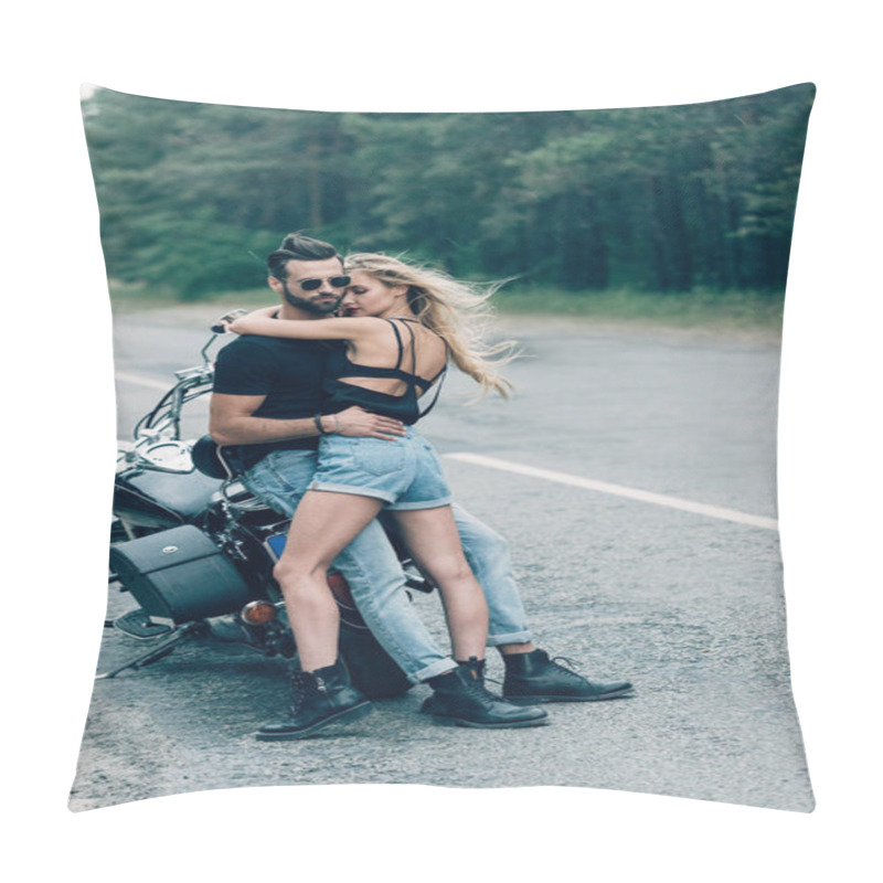 Personality  Young Sexy Couple Of Motorcyclists Hugging Near Black Motorcycle On Road Near Green Forest Pillow Covers