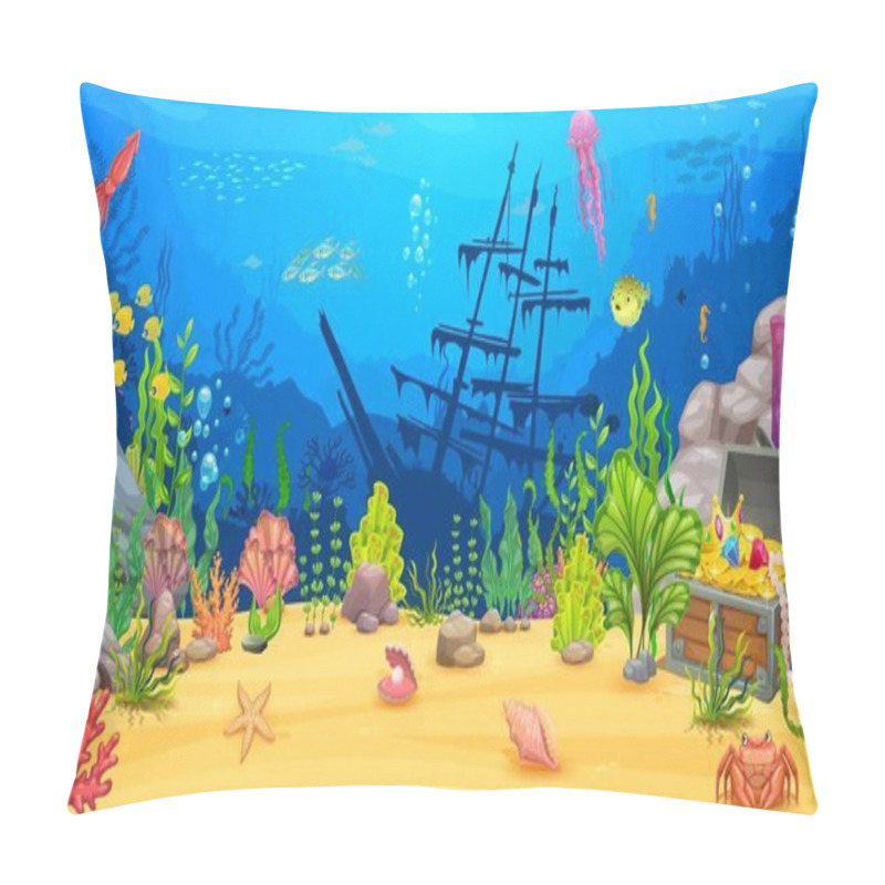 Personality  Cartoon Underwater Game Landscape. Sea Level With Seaweeds, Silhouette Of Ship, Treasure Chest, Animals And Fish. Ocean Deep Wildlife Background, Sea Animals, Algae, Sunken Caravel Vector Background Pillow Covers